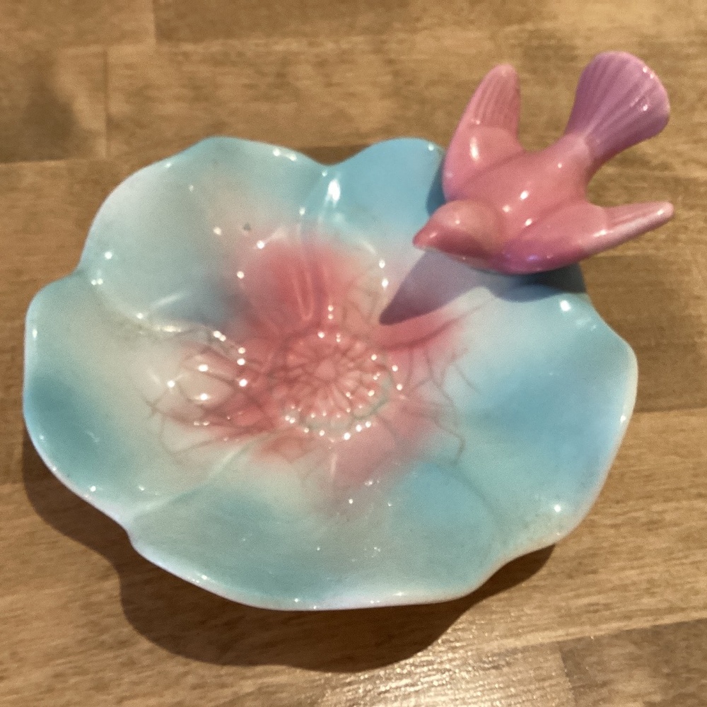 Vintage Royal Copley Light Blue & Pink Flower w/Pink Bird Trinket Dish
